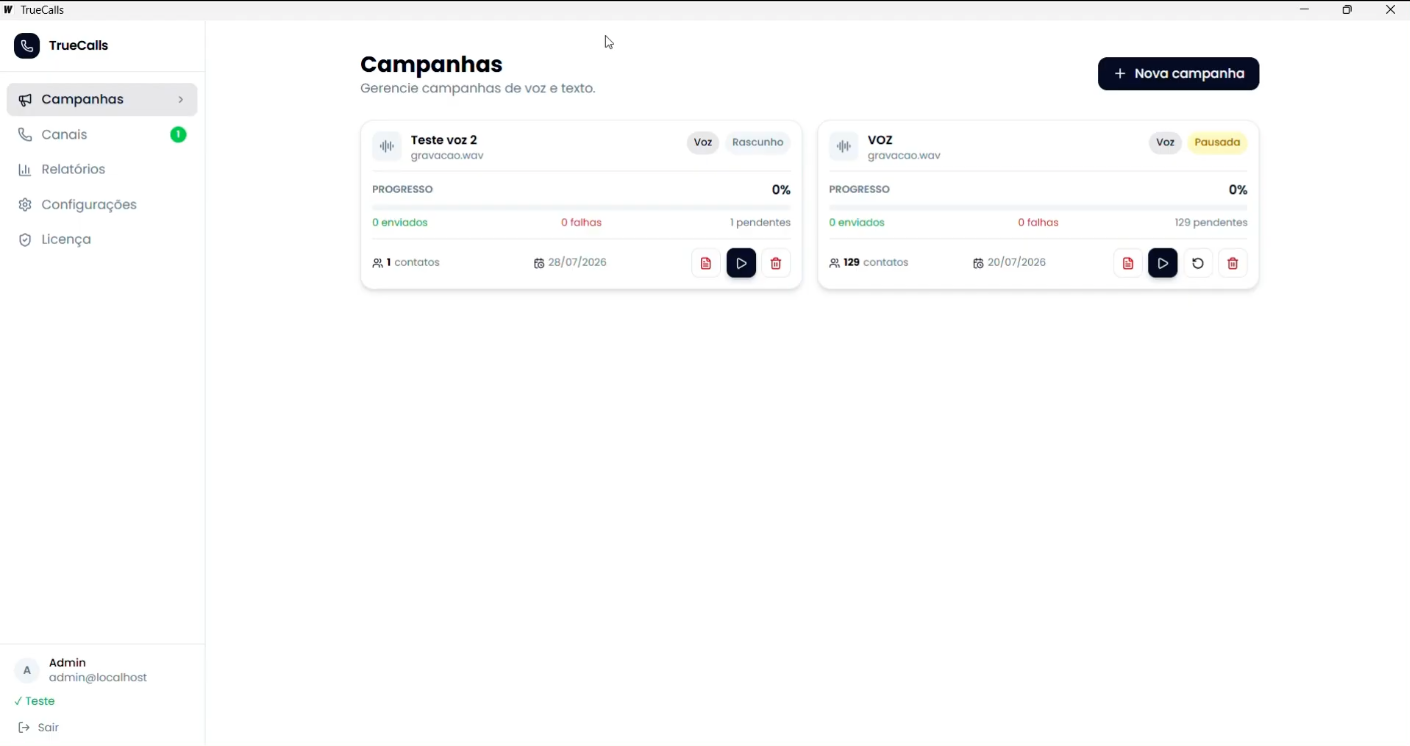 Captura de tela do TrueCalls: Painel de campanhas de voz