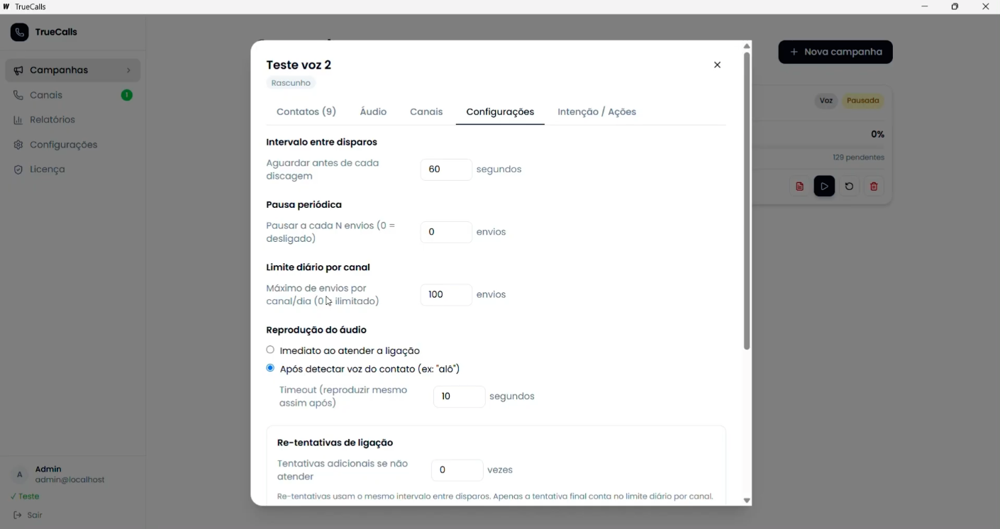 Captura de tela do TrueCalls: Nova campanha — voz ou WhatsApp