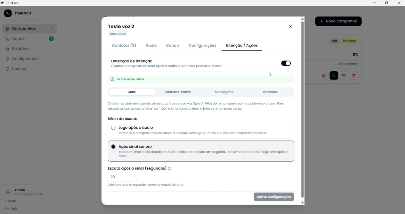 Captura de tela do TrueCalls: Gravação e upload do áudio